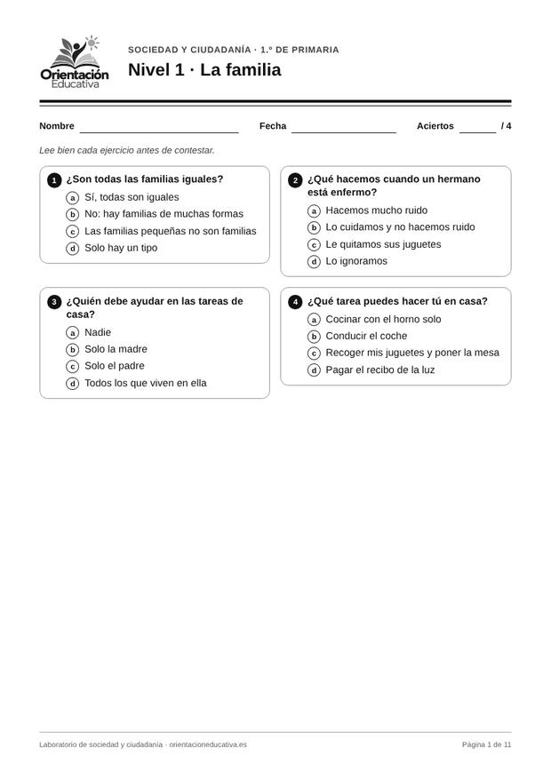 Ficha de sociedad y ciudadanía para 1.º de Primaria: La familia