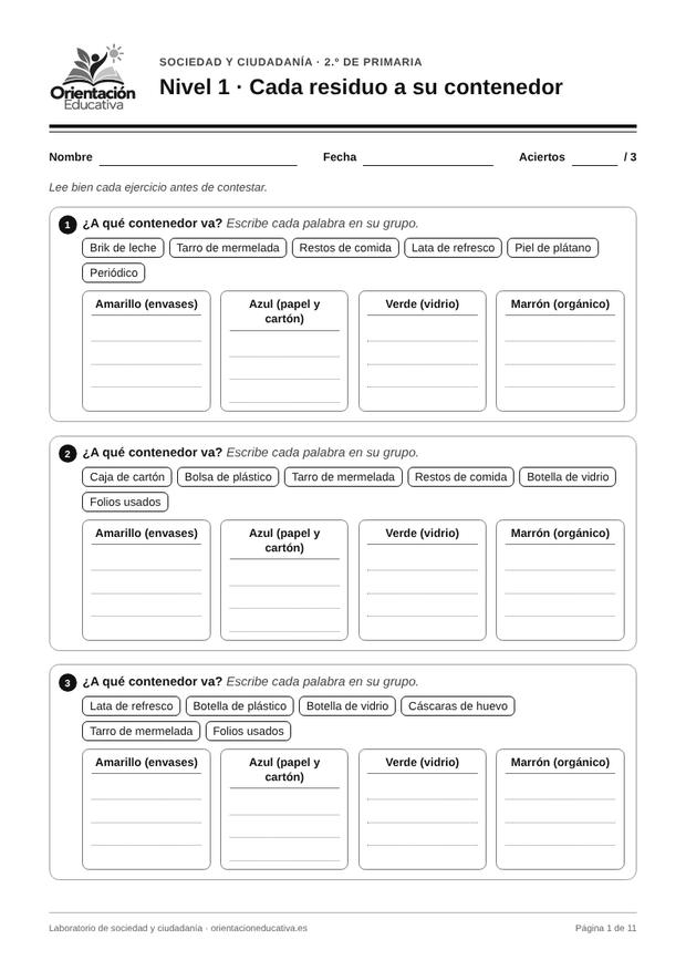 Ficha de sociedad y ciudadanía para 2.º de Primaria: Cada residuo a su contenedor