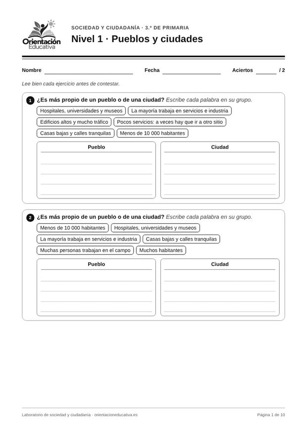 Ficha de sociedad y ciudadanía para 3.º de Primaria: Pueblos y ciudades