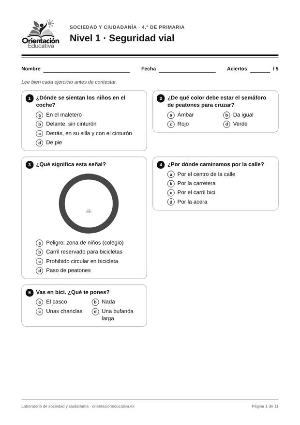 Ficha de sociedad y ciudadanía para 4.º de Primaria: Seguridad vial