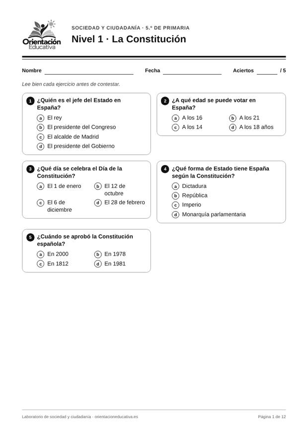 Ficha de sociedad y ciudadanía para 5.º de Primaria: La Constitución
