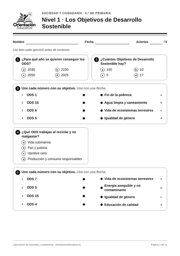 Ficha de sociedad y ciudadanía para 6.º de Primaria: Los Objetivos de Desarrollo Sostenible