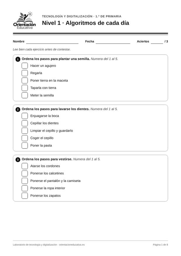 Ficha de tecnología para 1.º de Primaria: Algoritmos de cada día