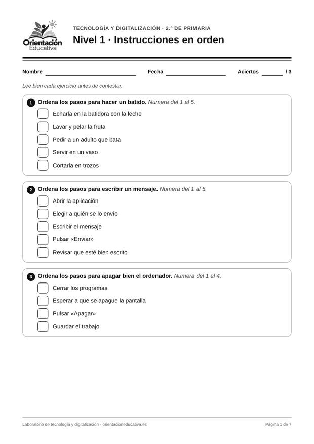 Ficha de tecnología para 2.º de Primaria: Instrucciones en orden