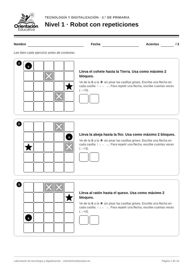 Ficha de tecnología para 3.º de Primaria: Robot con repeticiones
