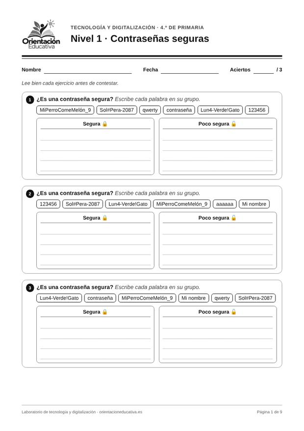 Ficha de tecnología para 4.º de Primaria: Contraseñas seguras