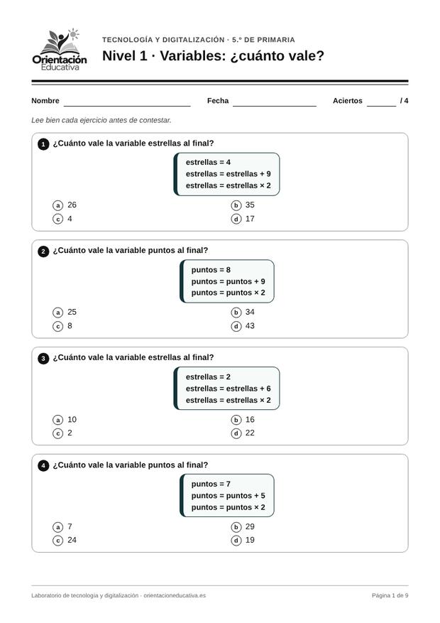 Ficha de tecnología para 5.º de Primaria: Variables: ¿cuánto vale?
