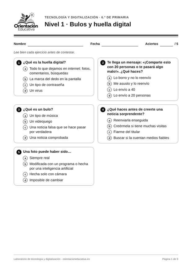 Ficha de tecnología para 6.º de Primaria: Bulos y huella digital