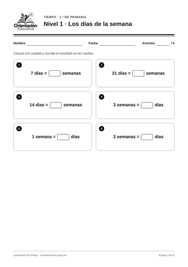 Ficha de la hora y el tiempo para 1.º de Primaria: Los días de la semana