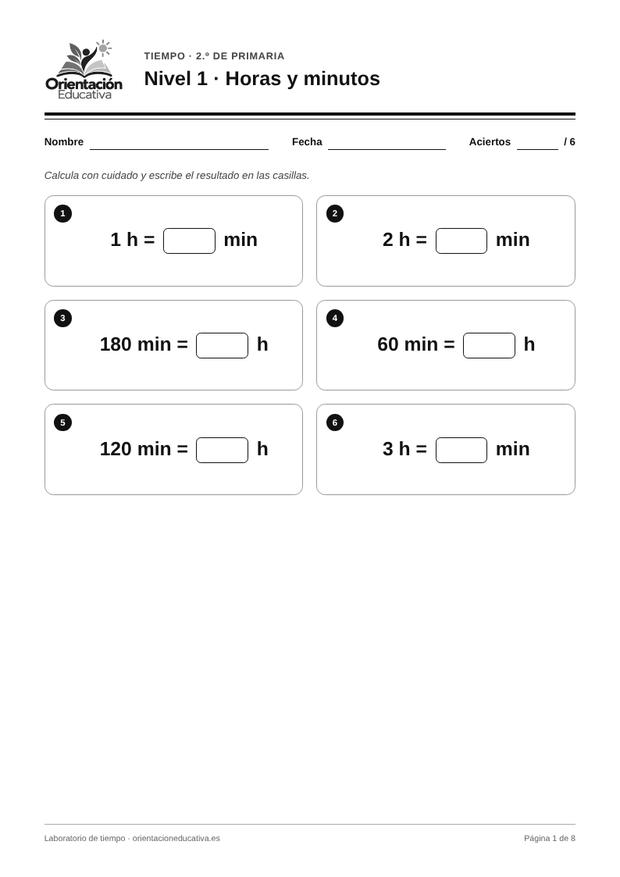 Ficha de la hora y el tiempo para 2.º de Primaria: Horas y minutos
