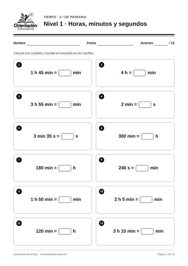 Ficha de la hora y el tiempo para 3.º de Primaria: Horas, minutos y segundos