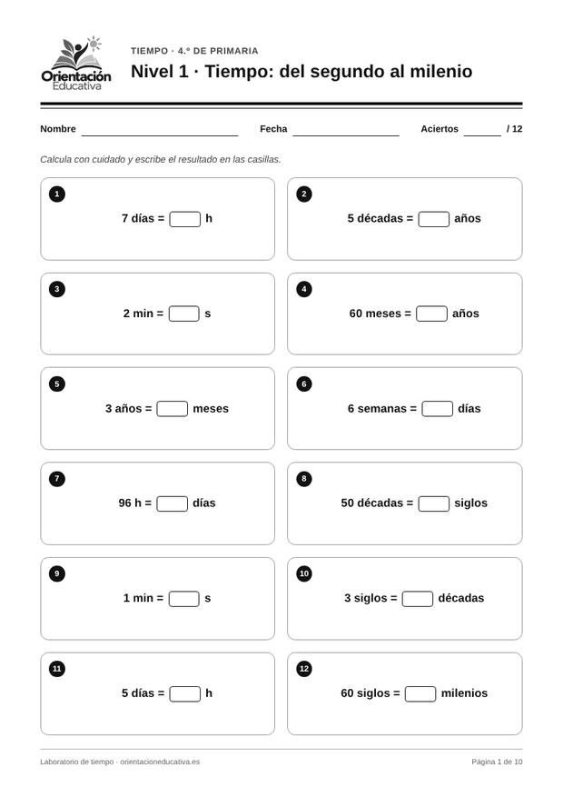 Ficha de la hora y el tiempo para 4.º de Primaria: Tiempo: del segundo al milenio
