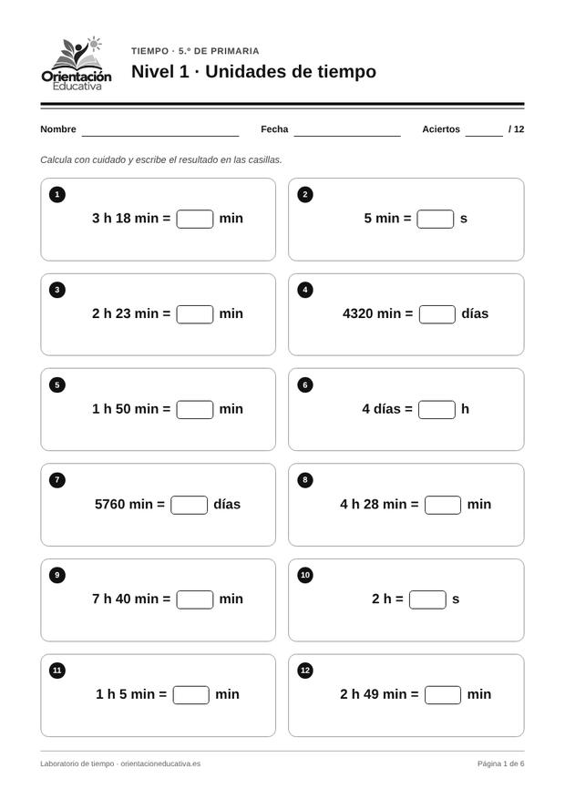 Ficha de la hora y el tiempo para 5.º de Primaria: Unidades de tiempo