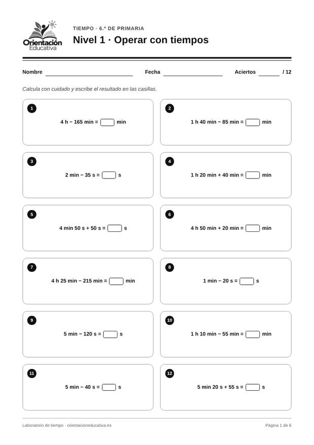 Ficha de la hora y el tiempo para 6.º de Primaria: Operar con tiempos