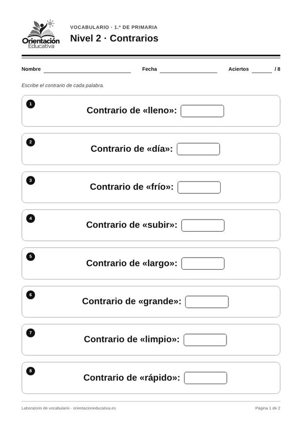 Ficha de vocabulario para 1.º de Primaria: Contrarios