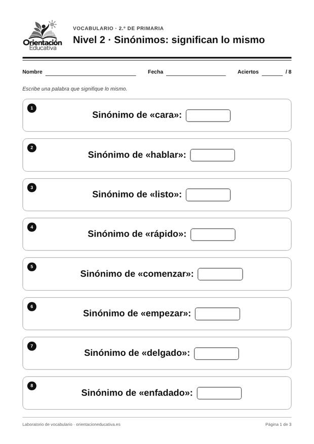 Ficha de vocabulario para 2.º de Primaria: Sinónimos: significan lo mismo