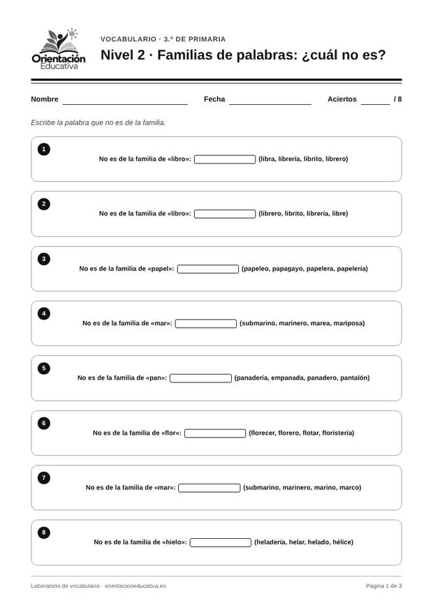 Ficha de vocabulario para 3.º de Primaria: Familias de palabras: ¿cuál no es?