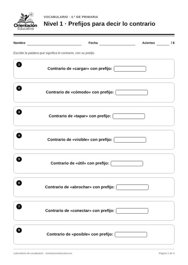 Ficha de vocabulario para 4.º de Primaria: Prefijos para decir lo contrario
