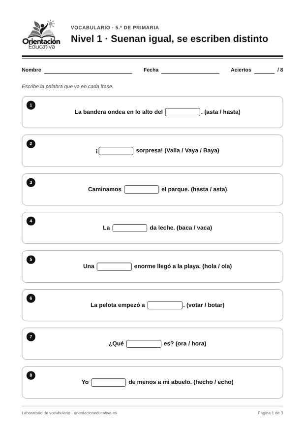 Ficha de vocabulario para 5.º de Primaria: Suenan igual, se escriben distinto