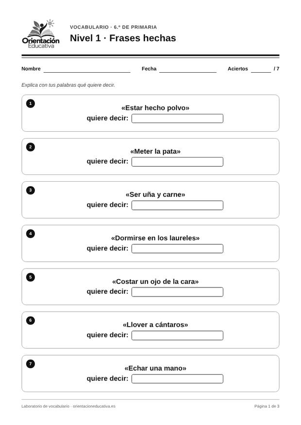 Ficha de vocabulario para 6.º de Primaria: Frases hechas