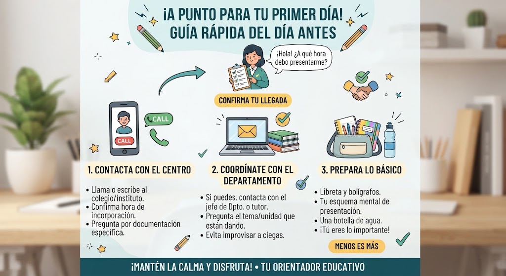 Infografía 'Checklist' para el día antes de ser docente interino: 1. Contactar con el centro, 2. Coordinar con el departamento, 3. Preparar lo esencial