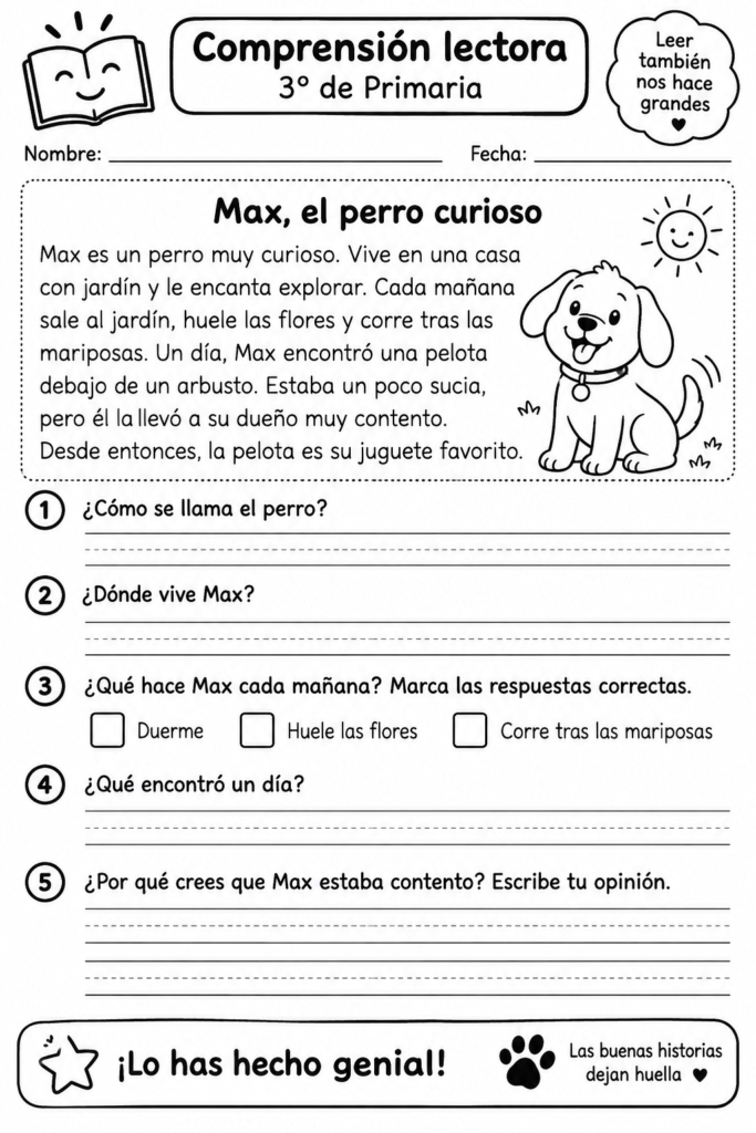 Ficha de comprensión lectora para 3º de Primaria