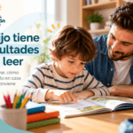 Niño con dificultades para leer acompañado por su padre en casa