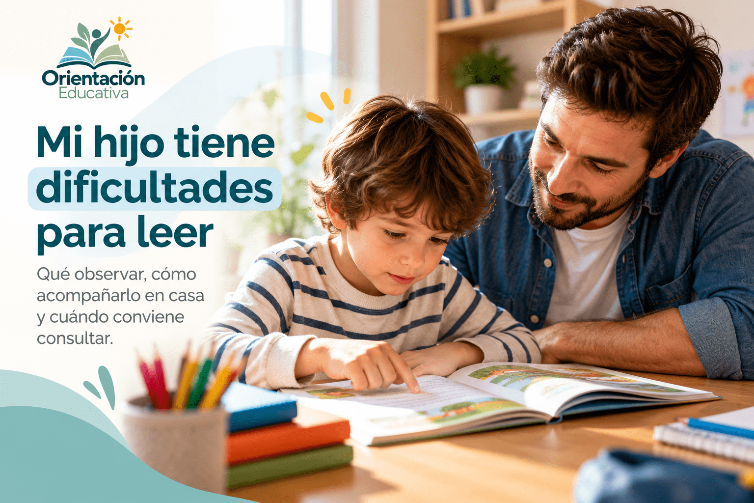 Niño con dificultades para leer acompañado por su padre en casa
