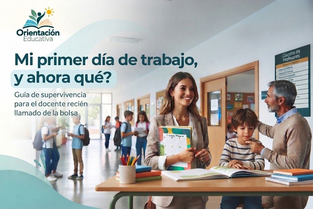 Joven docente sonriendo en el pasillo de un colegio en su primer día de trabajo tras recibir la llamada de la bolsa de empleo
