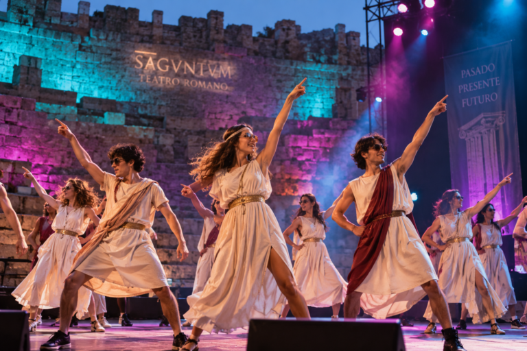 Estudiantes con túnicas griegas bailando en un escenario con luces modernas frente al Teatro Romano de Sagunto