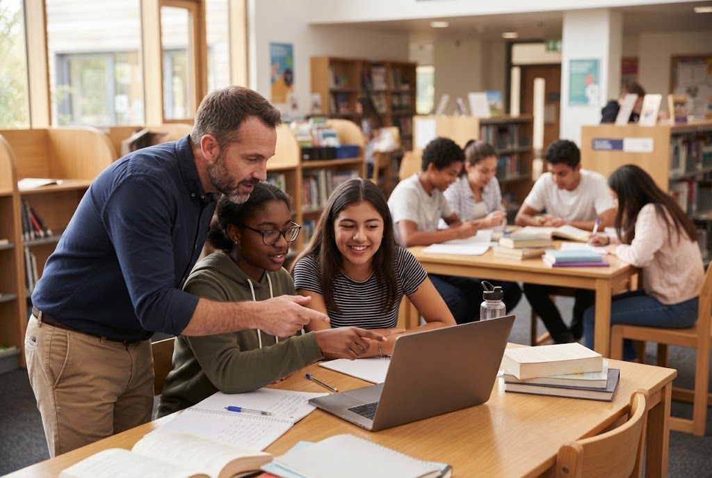 Profesor ayudando a estudiantes de secundaria con recursos digitales en biblioteca