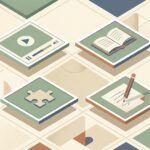 Mosaico conceptual minimalista con tarjetas de iconos pedagógicos que representan lectura, vídeo interactivo, juego y lápiz para aprendizaje multinivel.