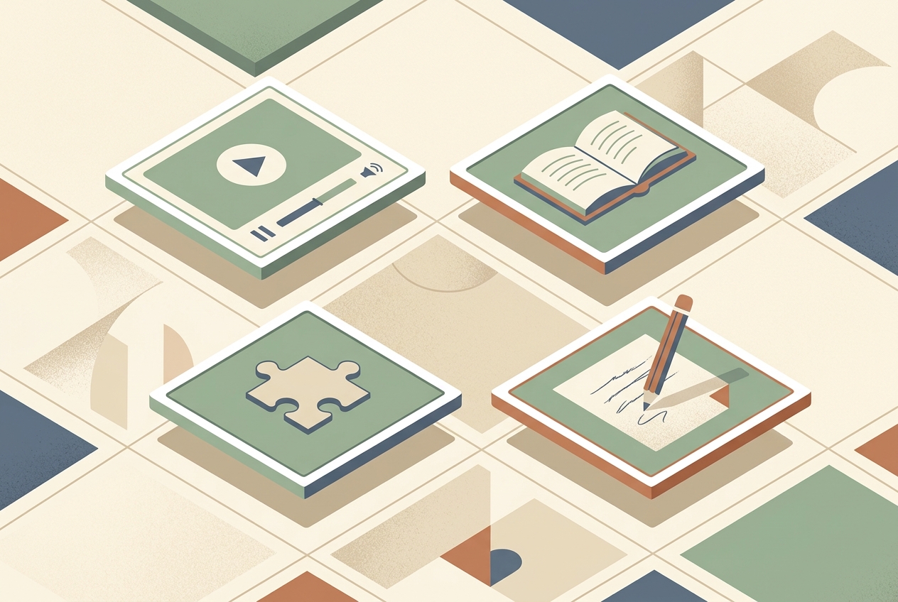 Mosaico conceptual minimalista con tarjetas de iconos pedagógicos que representan lectura, vídeo interactivo, juego y lápiz para aprendizaje multinivel.