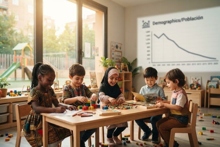 Grupo de niños diversos en un aula moderna iluminada con datos demográficos sutiles al fondo