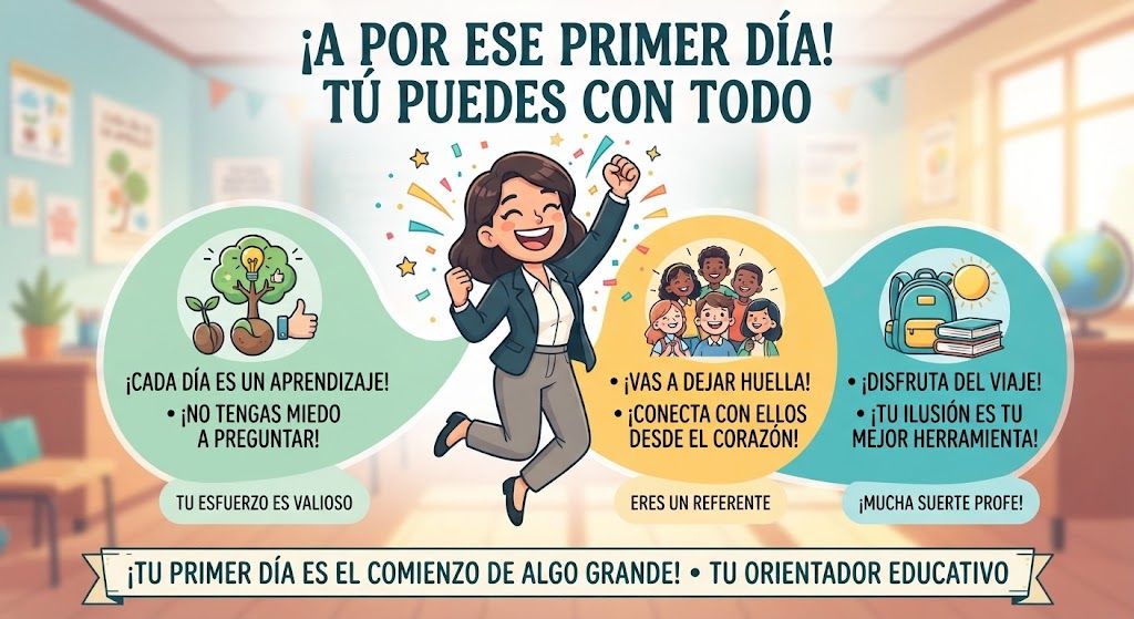 Infografía motivacional '¡A por ese primer día! Tú puedes con todo' para docentes: 1. ¡Cada día es un aprendizaje!, 2. ¡Vas a dejar huella!, 3. ¡Disfruta del viaje!