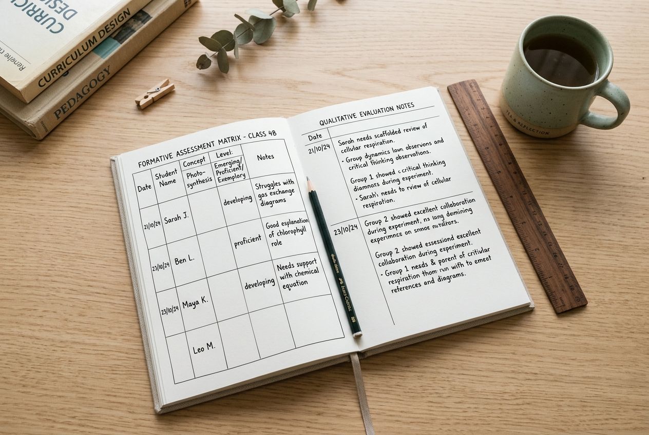 Planificación y seguimiento interno de la calidad educativa Cuaderno de trabajo escolar abierto sobre una mesa de madera con gráficos esquemáticos de seguimiento y un lápiz.