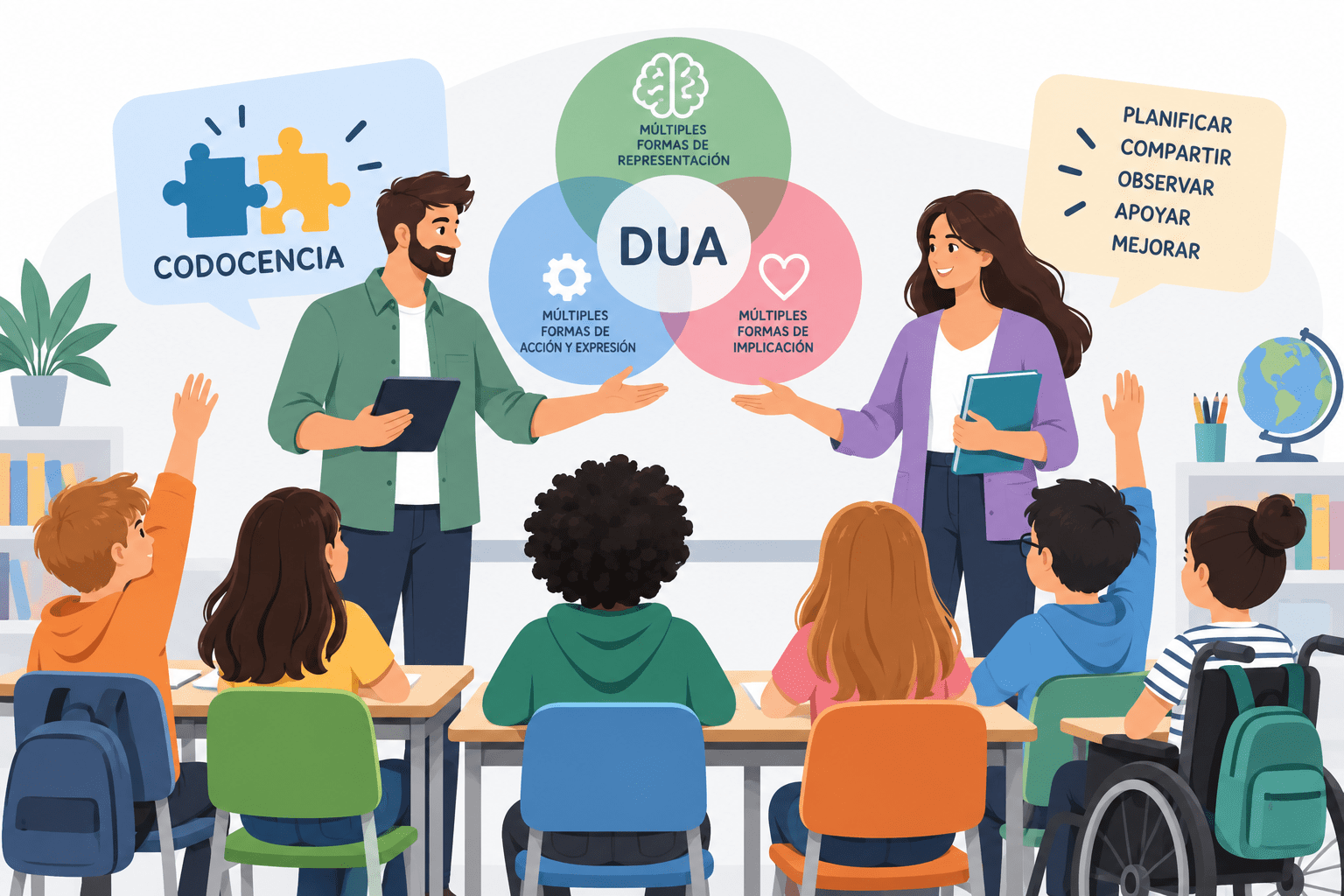 Codocencia y trabajo colaborativo en el aula Ilustración conceptual de dos docentes trabajando juntos con alumnos diversos