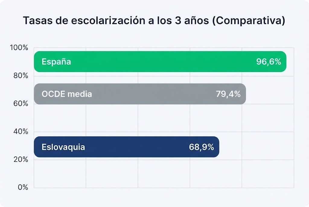 Comparativa de escolarización infantil en Europa Gráfico comparativo de tasas de escolarización a los 3 años en España, OCDE y Eslovaquia