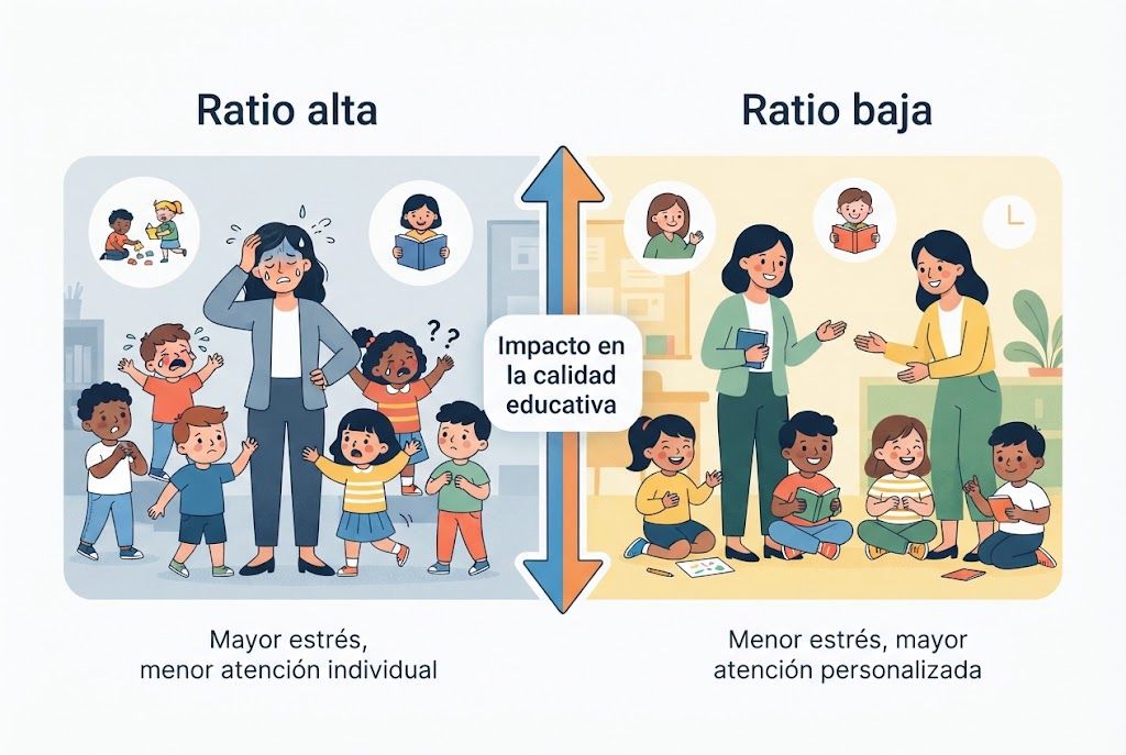 Comparativa de ratios en aulas infantiles Diagrama comparativo entre ratio alta y baja en educación infantil