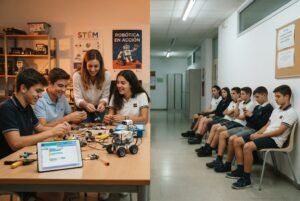 Dos grupos de estudiantes mostrando desigualdad en el acceso a actividades educativas