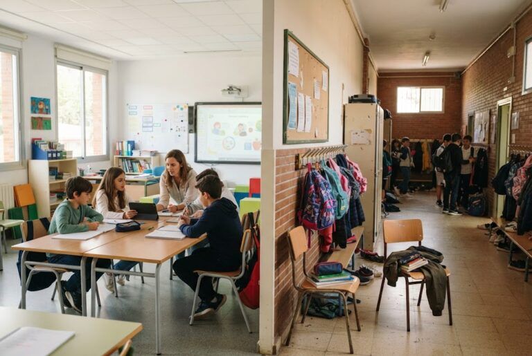 Dos escenas escolares contrastadas: una aula ordenada y activa a la izquierda, un pasillo con mochilas y sillas vacías a la derecha