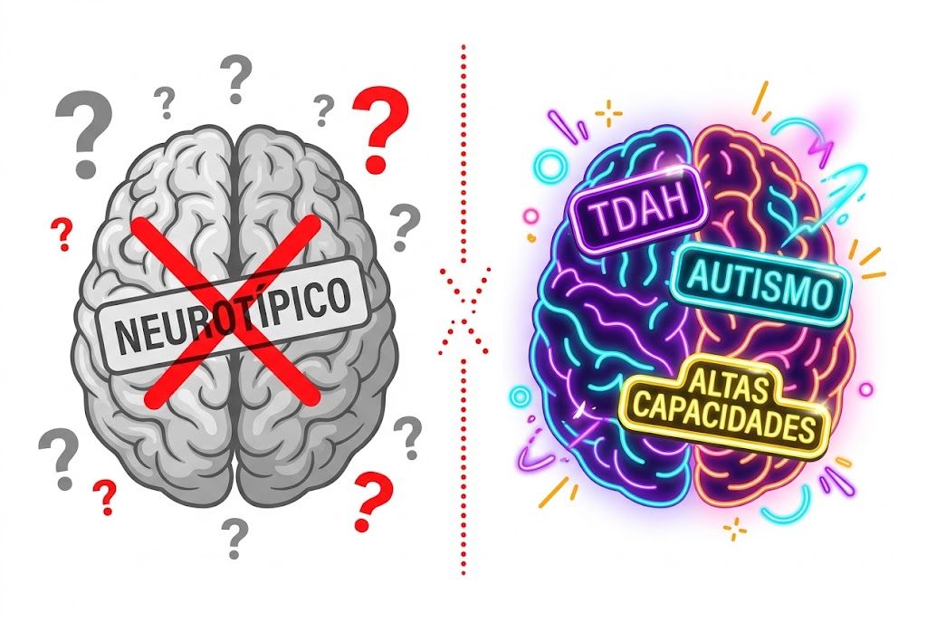 Ilustración comparativa mostrando la diferencia entre ser neurotípico y el sobrediagnóstico como moda