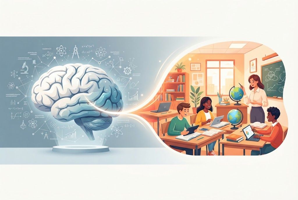 Ilustración que muestra cómo la teoría neurocientífica se transforma en herramientas prácticas para el aula