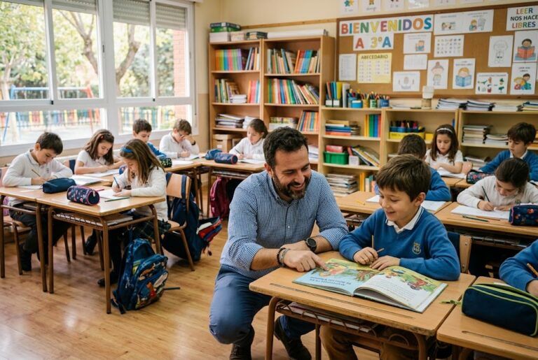Profesor ayudando a un niño a leer un libro en el aula