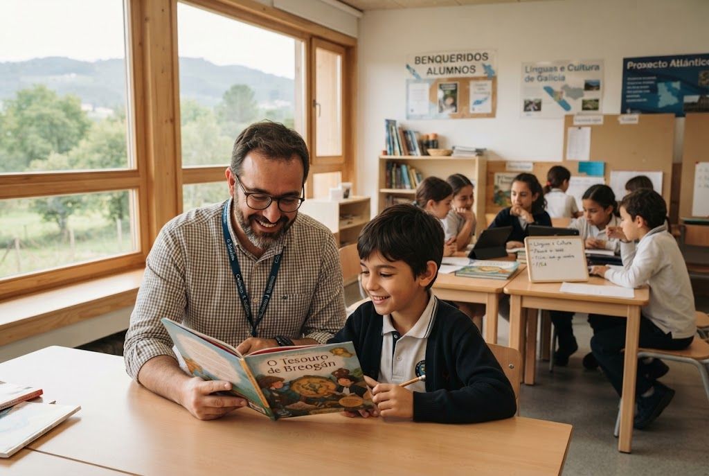 Docente gallego apoyando la lectura en el aula Profesor ayudando a un alumno a leer en una clase iluminada con luz natural