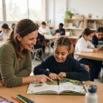 Un profesor conversa con un estudiante sobre un libro abierto en un aula iluminada