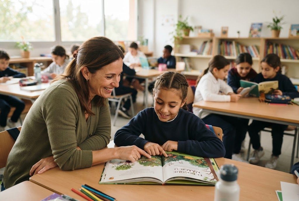 Un profesor conversa con un estudiante sobre un libro abierto en un aula iluminada