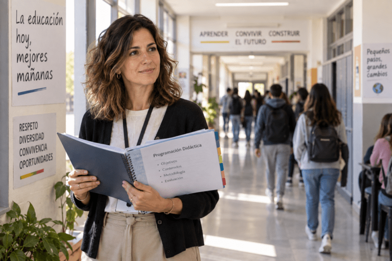 Docente con carpeta de planificación en pasillo de instituto moderno