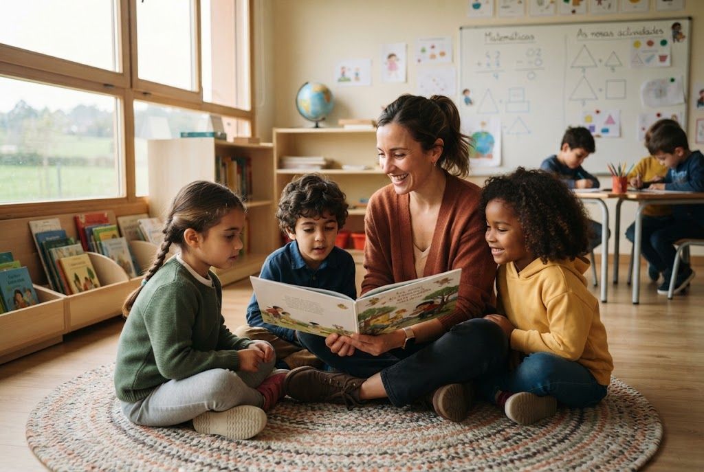 Maestra leyendo un libro con tres niños sentados en el suelo de un aula luminosa