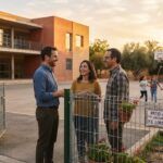 Profesor hablando con padres en un patio escolar al atardecer